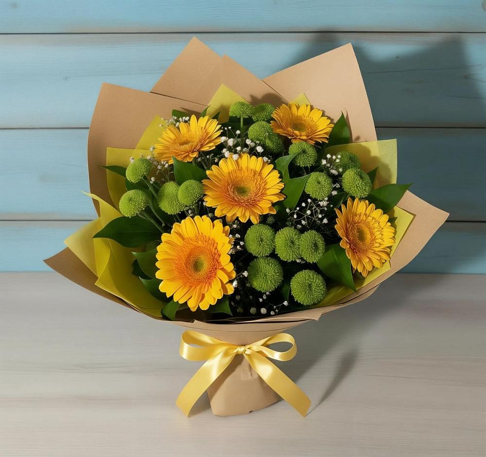 Букет цветов из: Герберы и Хризантемы в Шали