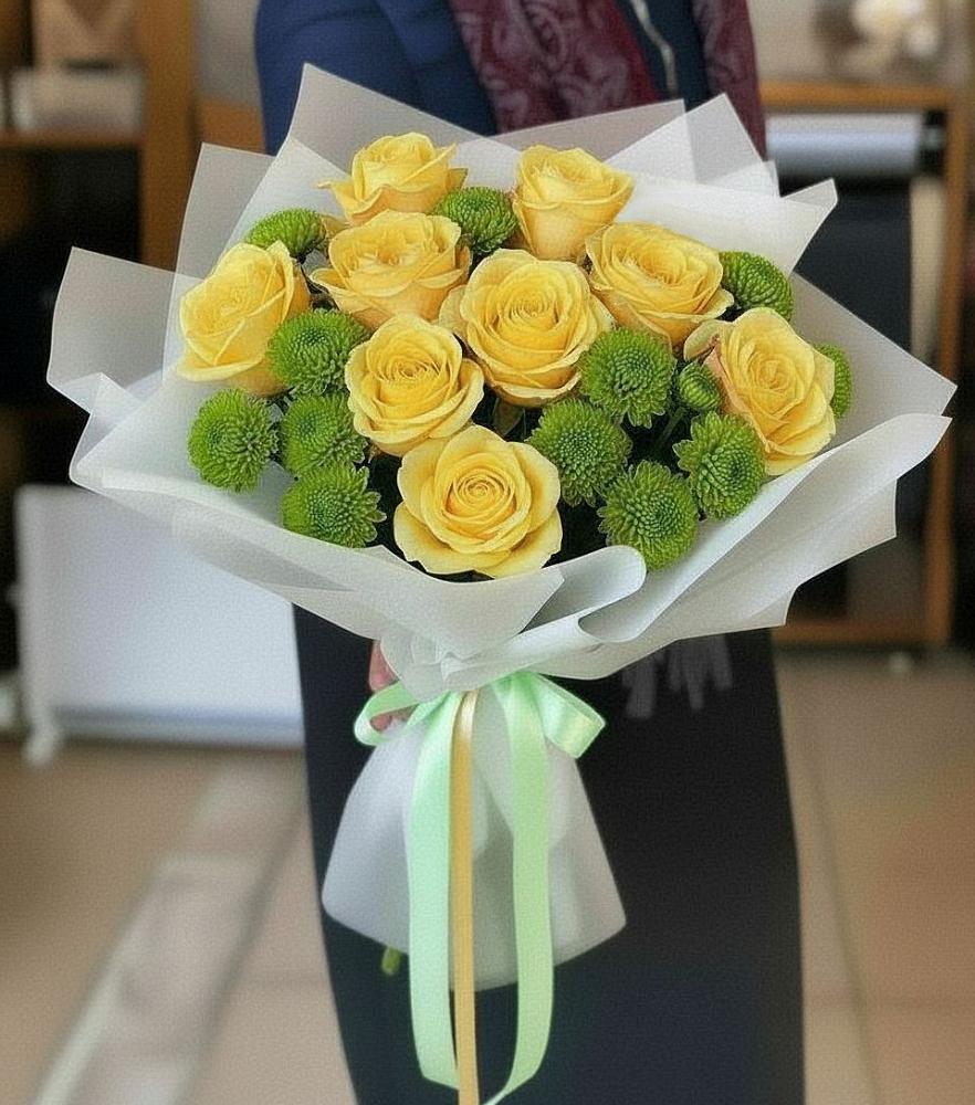 Букет цветов из: Хризантемы и Розы в Шали