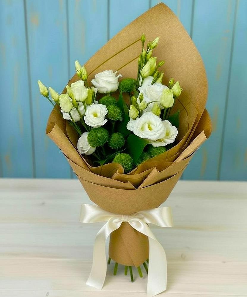 Букет цветов из: Хризантемы и Лизиантусы в Шали