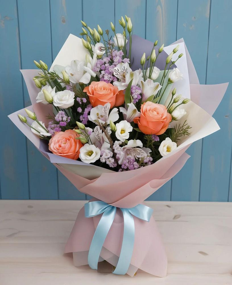 Букет цветов из: Лизиантусы, Розы, Альстромерии и Гипсофила в Шали