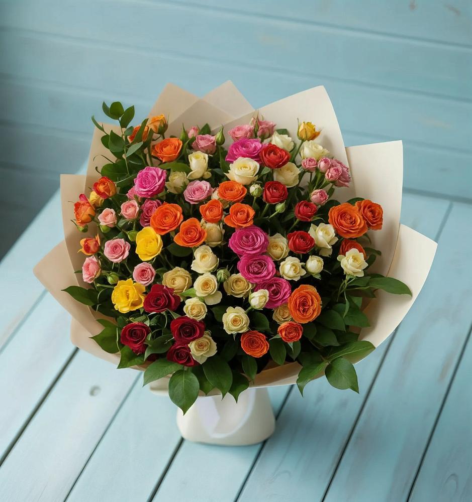 Букет Микс из разноцветных кустовых роз в Шали