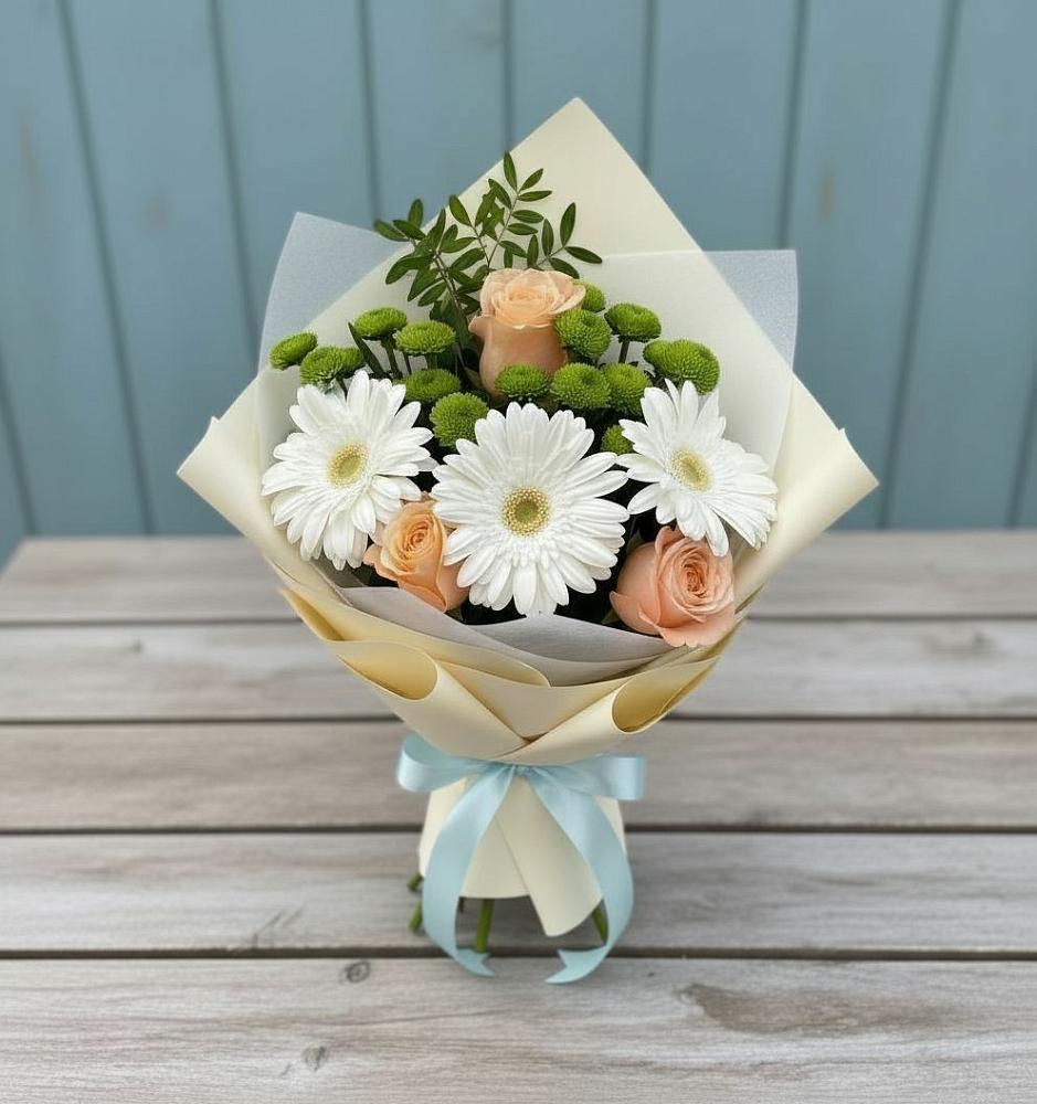 Букет цветов из: Герберы, Розы и Хризантемы в Шали