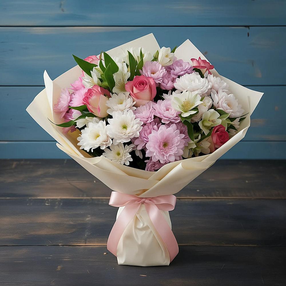 Букет цветов из: Хризантемы, Альстромерии и Розы в Шали